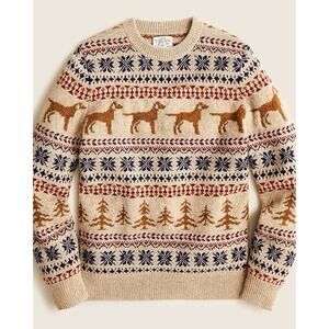 J Crew Mens Fair Isle Dog 100% Wool Sweater Size Small Retriever Snowflake Trees